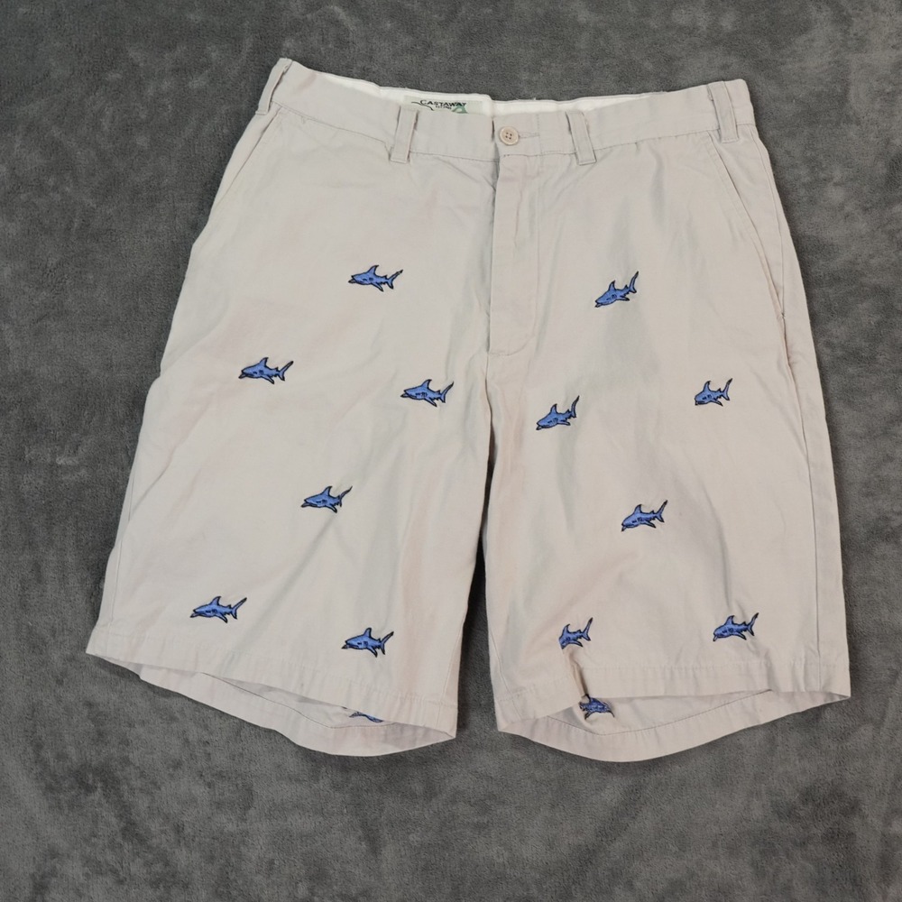 Castaway Nantucket Cisco Shorts Mens 32x9 Tan‎ Blue Shark Embroidered Preppy
